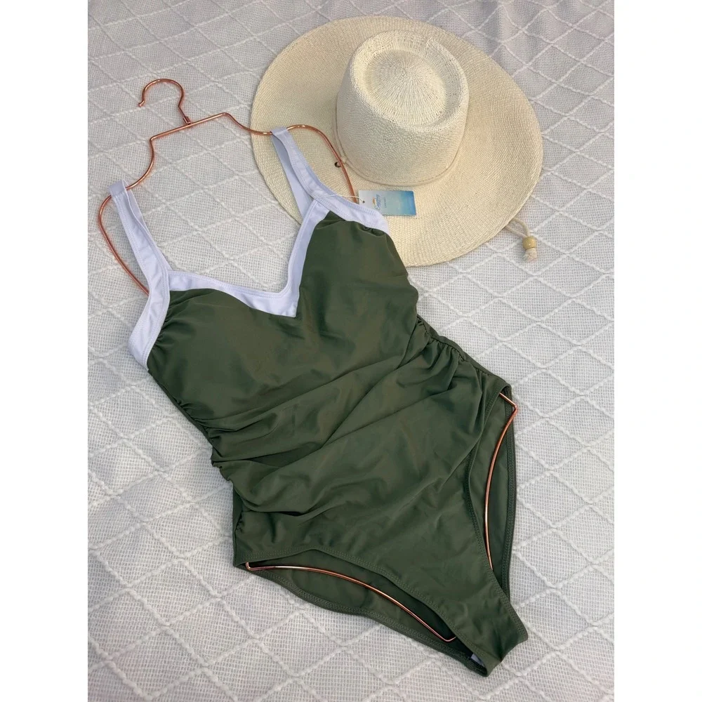 Eagerbuy Ruched One Piece Swimsuit‎ Criss Cross Back V Neck Bathing Suit Olive